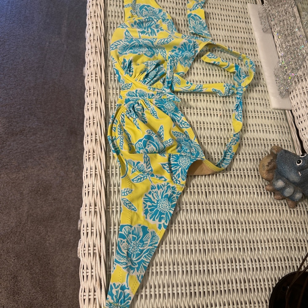 Yellow and Blue Floral Bikini - Pour Moi 38 I US / 38G UK - bottoms US12 / UK14